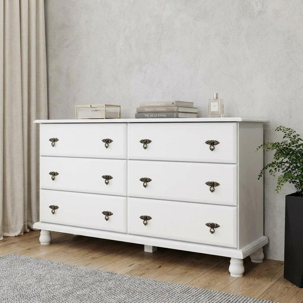 61" White Solid Wood Six Drawer Double Dresser