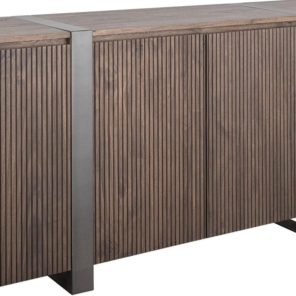 69" Brown Distressed Wood And Steel Ribbed Texture Sideboard With Four Doors HomeRoots