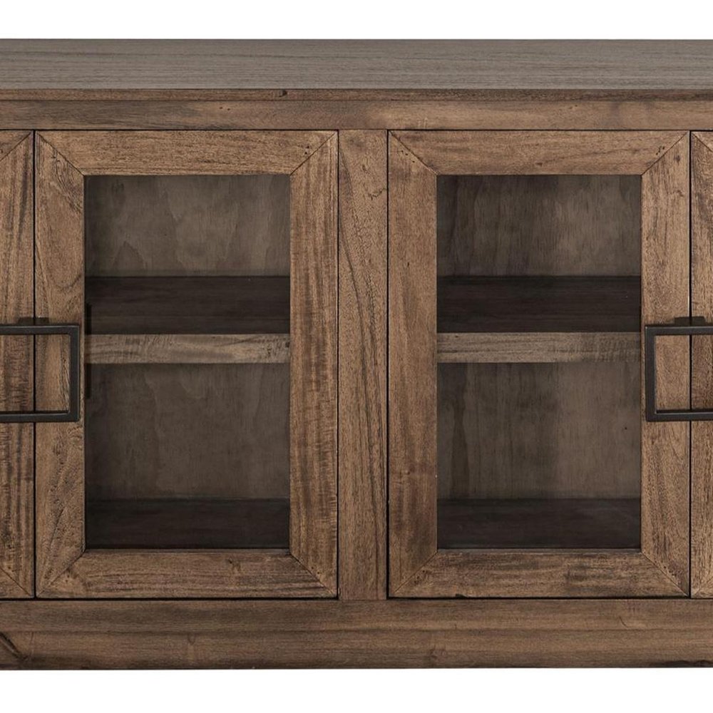 68" Brown Distressed Wood Sideboard With Four Glass Doors HomeRoots