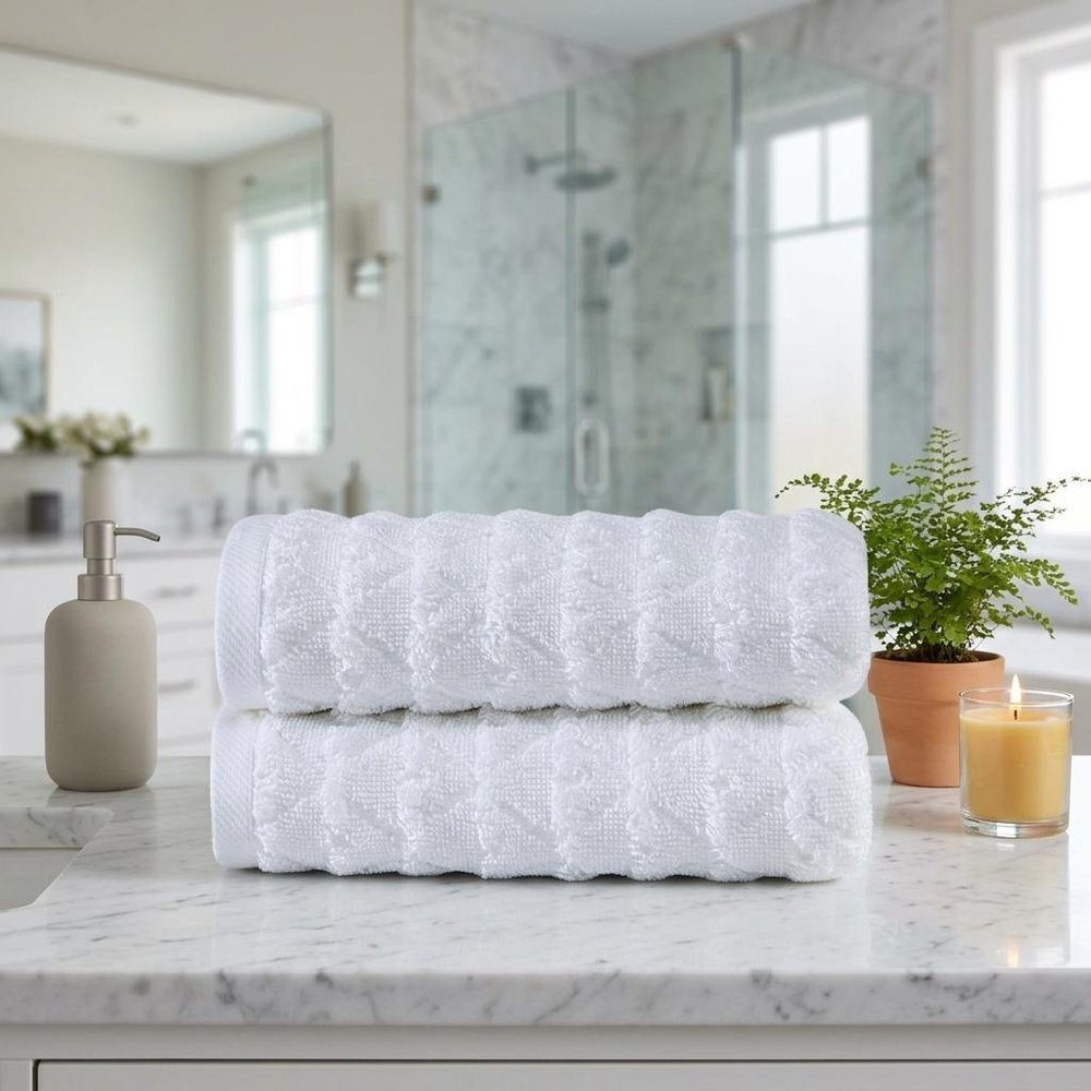 Set of Two White Geometric Turkish Cotton 27" X 54" Hand Towels HomeRoots