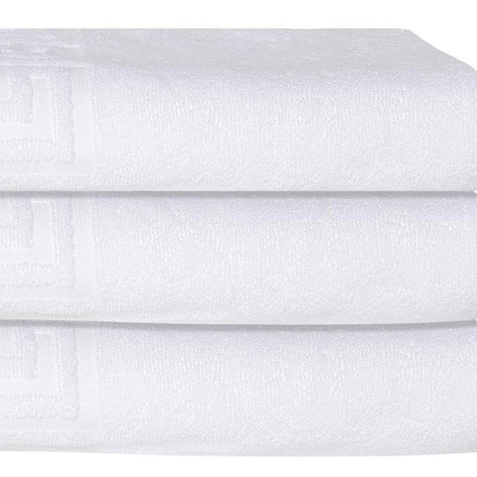 Set of Three White Greek Key Turkish Cotton 27" X 54" Bath Towels