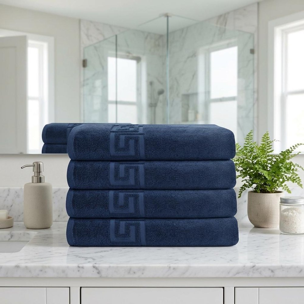 Set of Four White Greek Key Turkish Cotton 27" X 54" Bath Towels HomeRoots