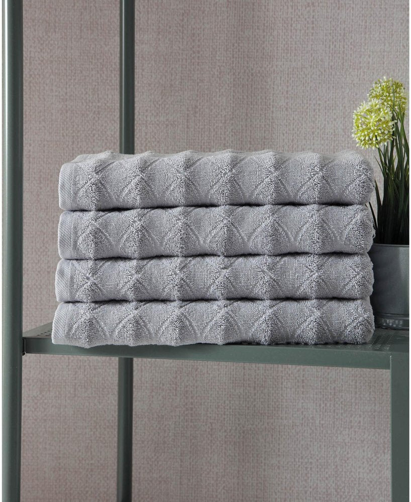 Set of Four White Geometric Turkish Cotton 27" X 54" Bath Towels HomeRoots