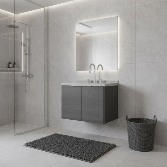 24" Gray Wood Floating Double Door Bathroom Vanity With White Ceramic Sink