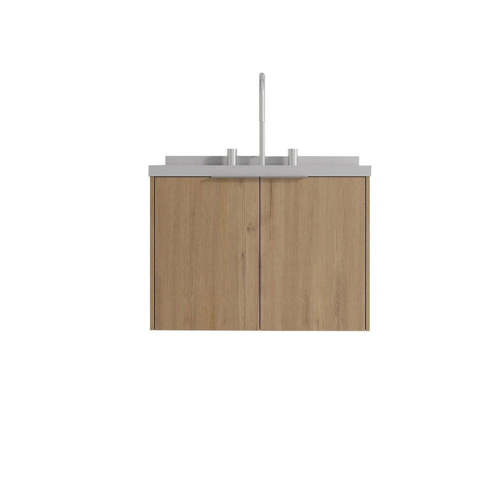 24" Brown Wood Floating Double Door Bathroom Vanity With White Ceramic Sink HomeRoots