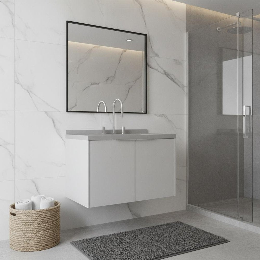 30" White Wood Floating Double Door Bathroom Vanity With Ceramic Sink HomeRoots