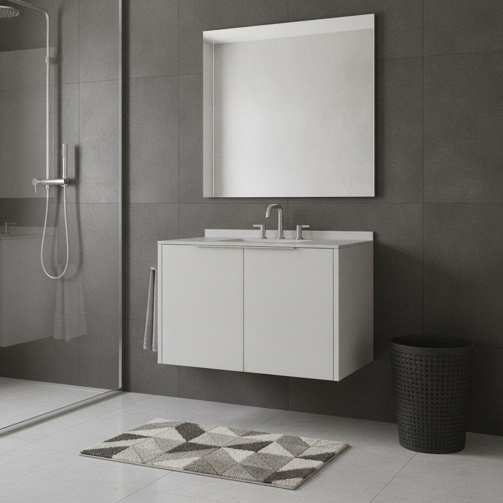 36" White Wood Floating Double Door Bathroom Vanity With Ceramic Sink HomeRoots