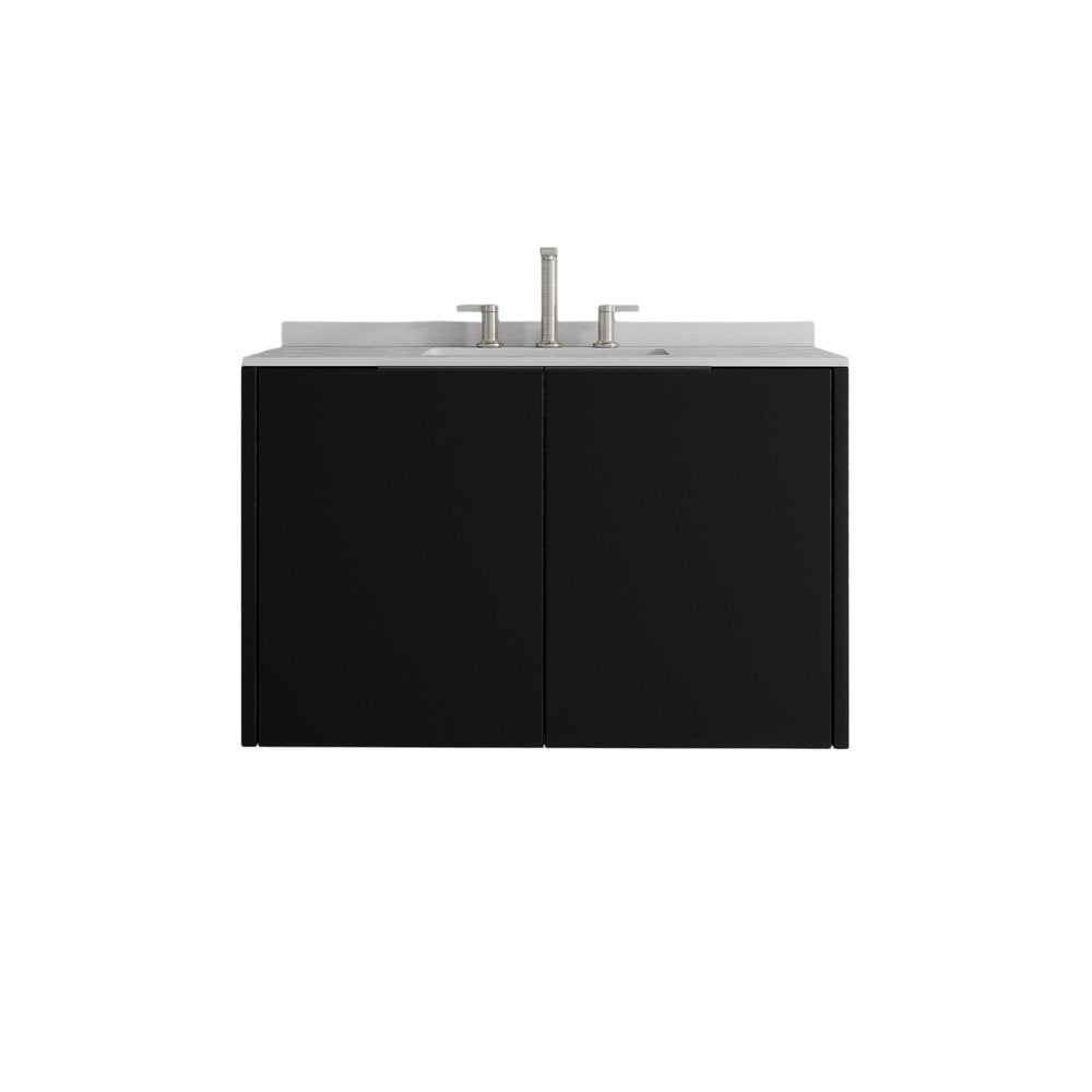 36" Black Wood Floating Double Door Bathroom Vanity With White Ceramic Sink HomeRoots