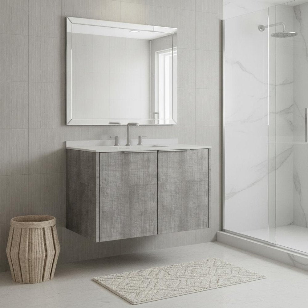 36" Gray Wood Floating Double Door Bathroom Vanity With White Ceramic Sink HomeRoots