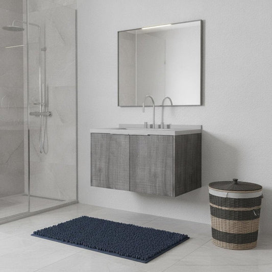 36" Gray Wood Floating Double Door Bathroom Vanity With White Ceramic Sink