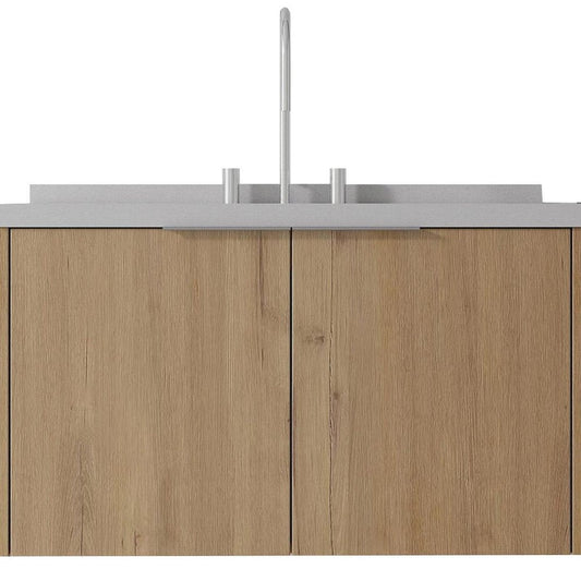 36" Brown Wood Floating Double Door Bathroom Vanity With White Ceramic Sink