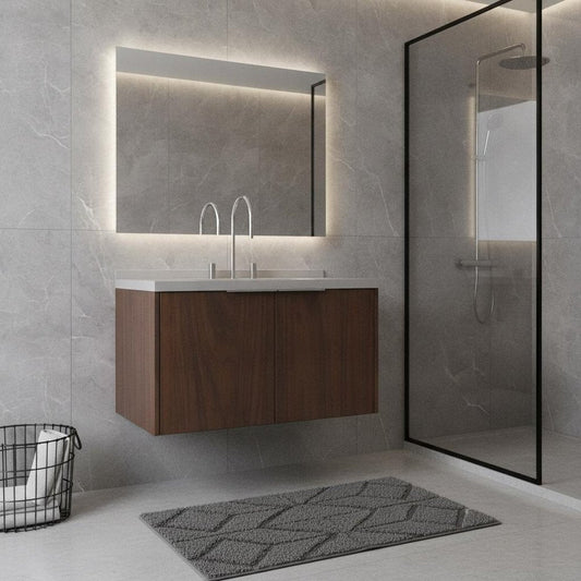 36" Brown Wood Floating Double Door Bathroom Vanity With White Ceramic Sink