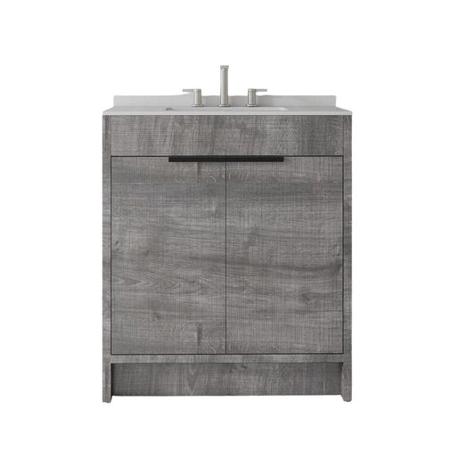 30" Gray Wood Double Door Bathroom Vanity With White Ceramic Sink