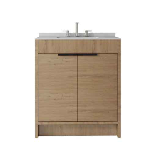 30" Brown Wood Double Door Bathroom Vanity With White Ceramic Sink