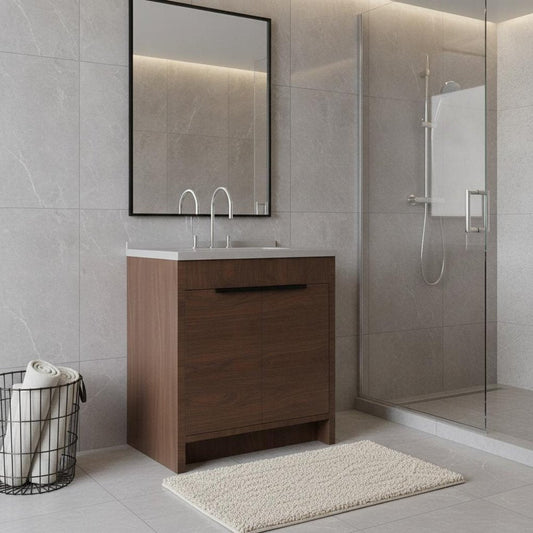 36" Brown Wood Double Door Bathroom Vanity With White Ceramic Sink