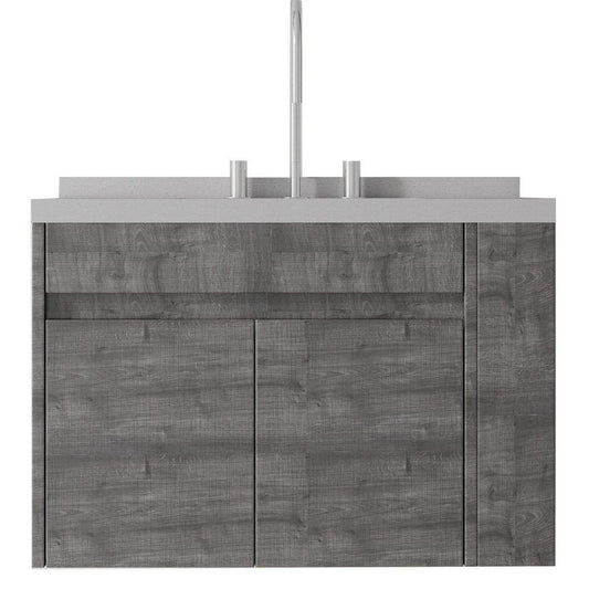 30" Gray Wood Floating Double Door Bathroom Vanity With White Ceramic Sink