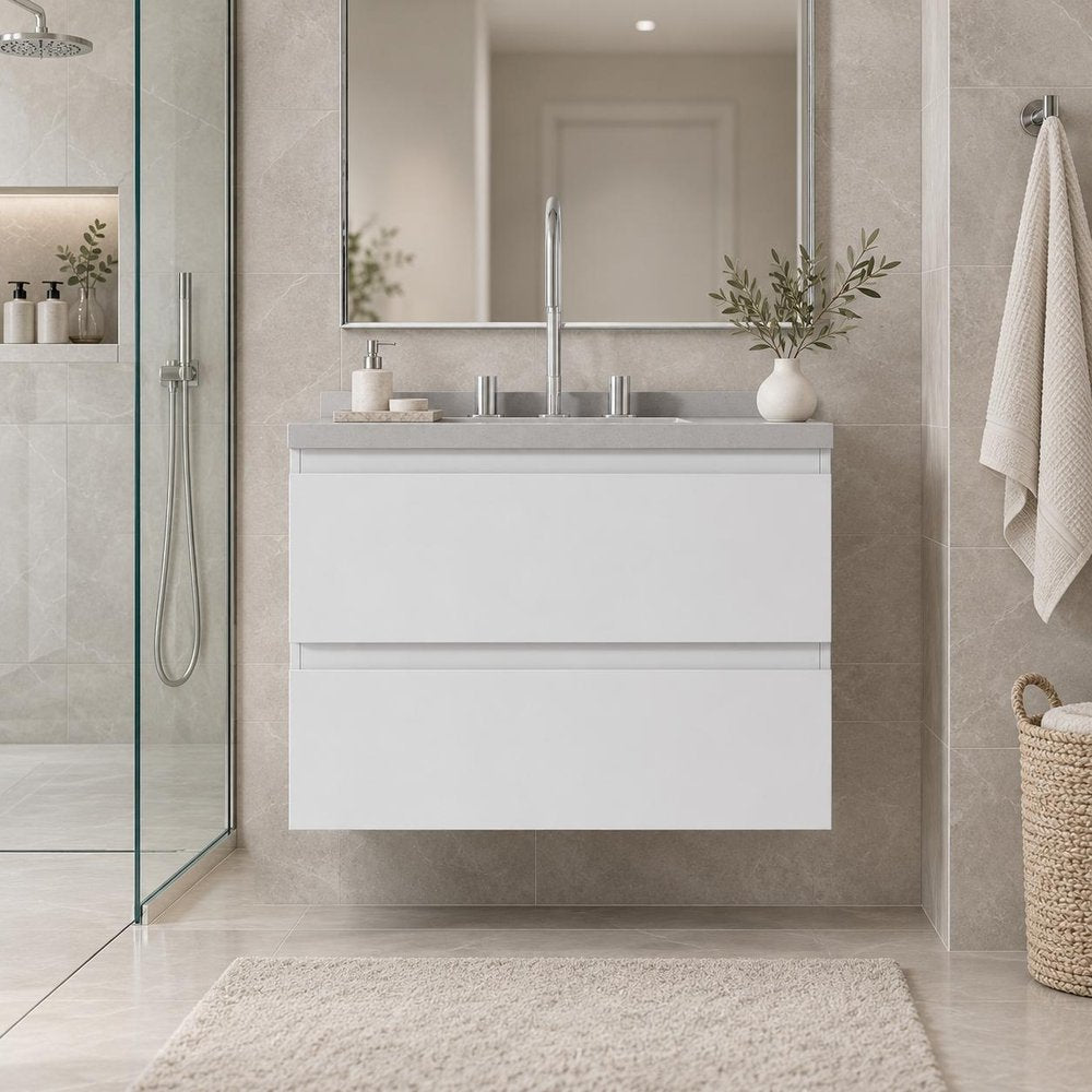 24" White Wood Floating Bathroom Vanity With Ceramic Sink With Two Drawers