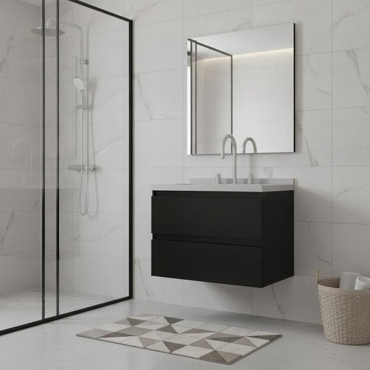 24" Black Wood Floating Bathroom Vanity With White Ceramic Sink With Two Drawers