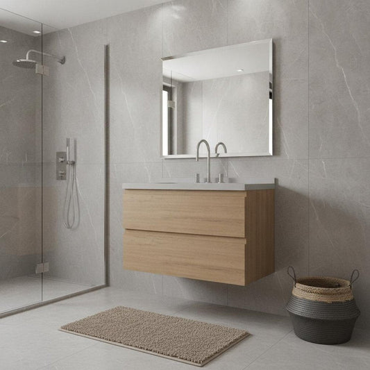 36" Brown Wood Floating Bathroom Vanity With White Ceramic Sink With Two Drawers