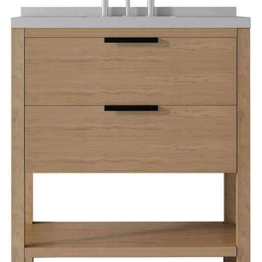 36" Brown Wood Bathroom Vanity With White Ceramic Sink With Two Drawers