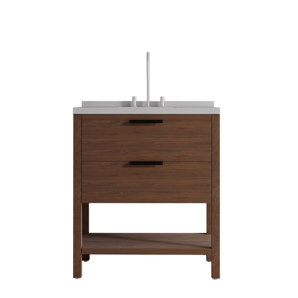 36" Brown Wood Bathroom Vanity With White Ceramic Sink With Two Drawers HomeRoots