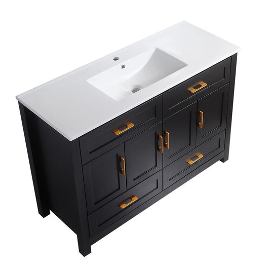48" Black Wood Four Door Bathroom Vanity With White Acrylic Sink With Four Drawers And Shelves
