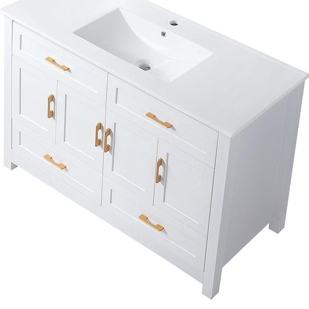 48" White Wood Four Door Bathroom Vanity With Acrylic Sink With Four Drawers And Shelves HomeRoots