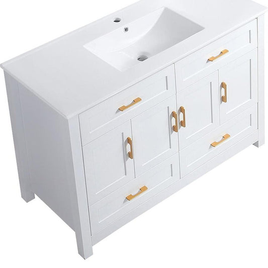 48" White Wood Four Door Bathroom Vanity With Acrylic Sink With Four Drawers And Shelves