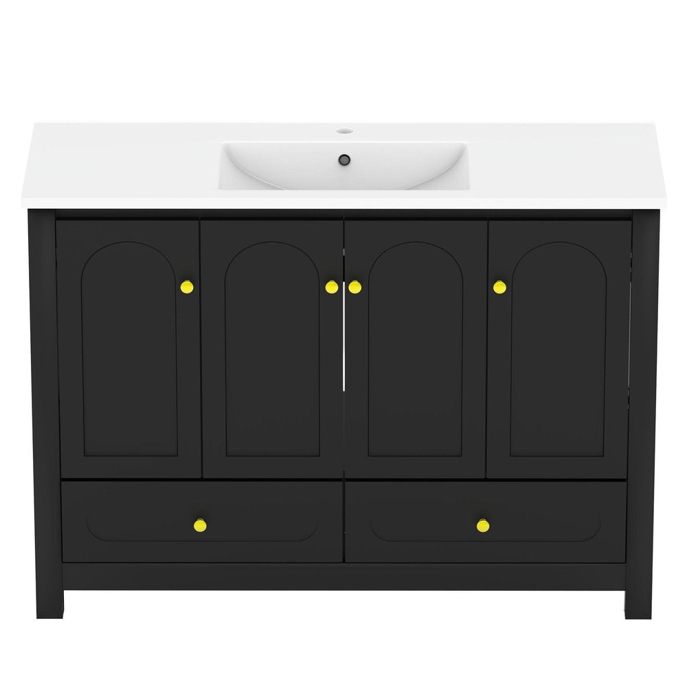 48" Black Wood Four Door Bathroom Vanity With White Acrylic Sink With Two Drawers And Shelves HomeRoots
