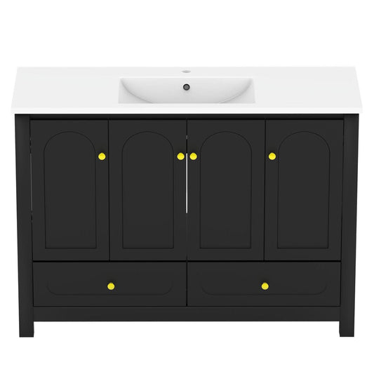 48" Black Wood Four Door Bathroom Vanity With White Acrylic Sink With Two Drawers And Shelves