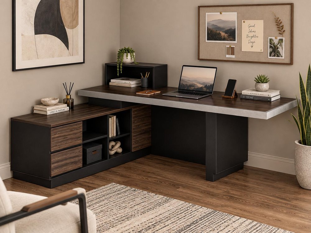 79" Black Wood Pedestal Executive Desk With And Two Drawers Built in Lighting