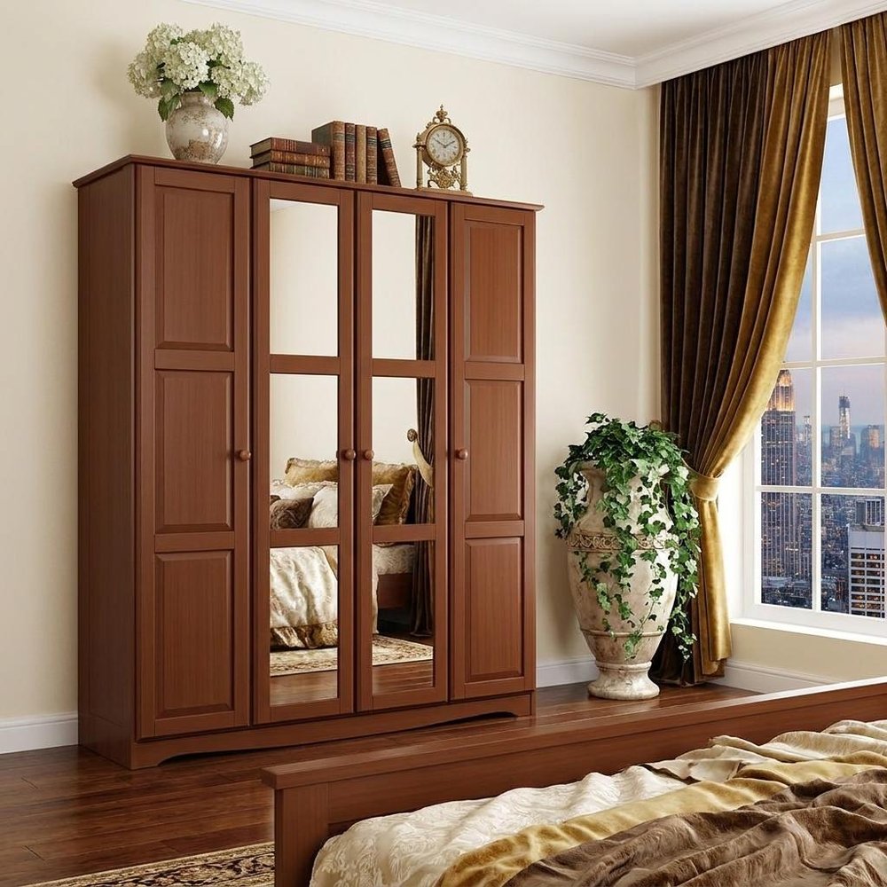 72" Coffee Solid Wood Mirrored Four Door Combo Dresser HomeRoots