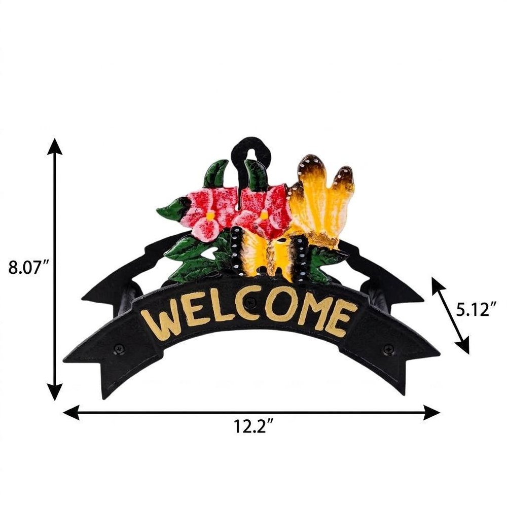 8" Black Yellow And Pink Iron Floral Bouquet Welcome Garden Hose Hanger HomeRoots