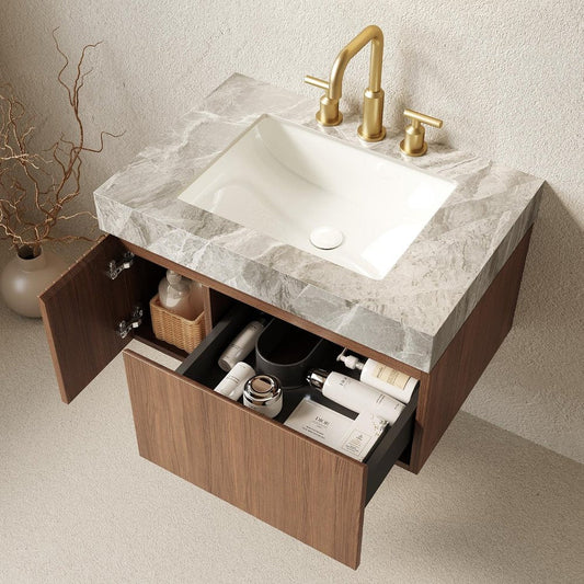 30" Brown Wood Floating Single Door Bathroom Vanity With White Ceramic Sink