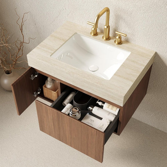30" Brown Wood Floating Single Door Bathroom Vanity With White Ceramic Sink