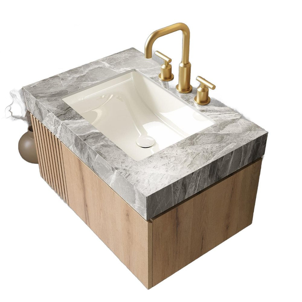30" Brown Wood Floating Single Door Bathroom Vanity With White Ceramic Sink HomeRoots