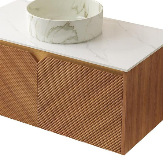 36" Brown Wood Floating Bathroom Vanity With White Ceramic Sink With Two Drawers