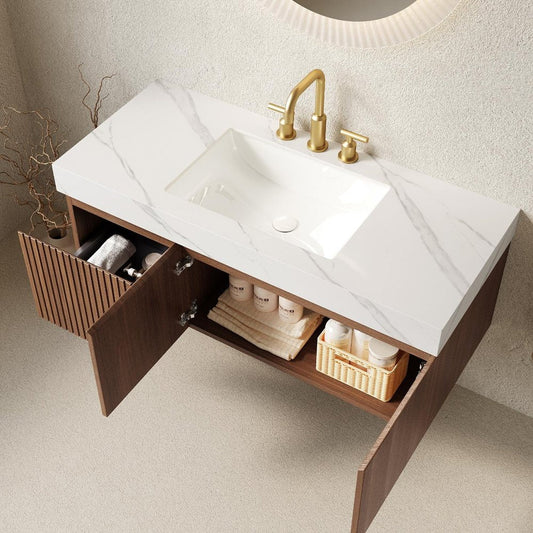 48" Brown Wood Floating Double Door Bathroom Vanity With White Ceramic Sink