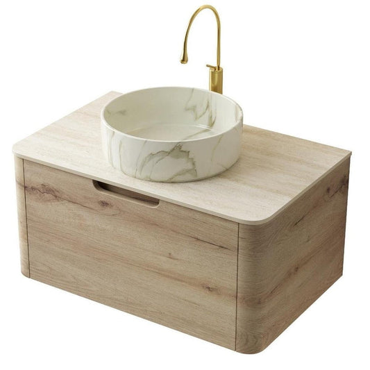 30" Brown Wood Floating Bathroom Vanity With White Ceramic Sink