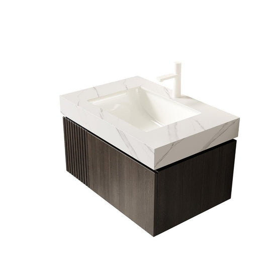 30" Brown Wood Floating Single Door Bathroom Vanity With White Ceramic Sink