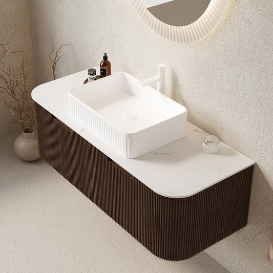 48" Brown Wood Floating Bathroom Vanity With White Ceramic Sink With Two Drawers