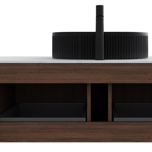 48" Brown Wood Floating Bathroom Vanity With Black Ceramic Sink With Two Drawers