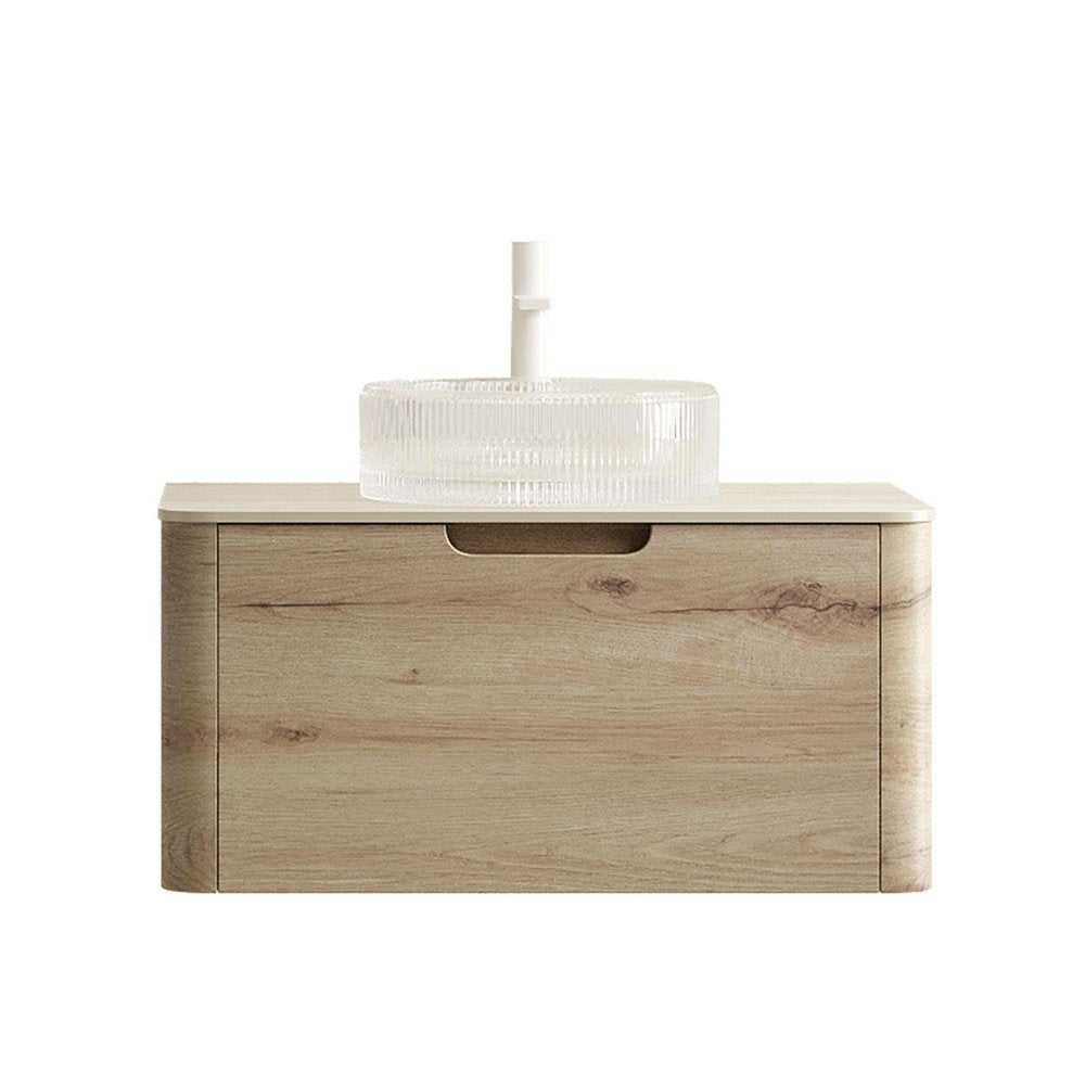 30" Brown Wood Floating Bathroom Vanity With White Glass Sink HomeRoots