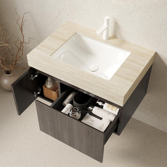 30" Black Wood Floating Bathroom Vanity With White Ceramic Sink