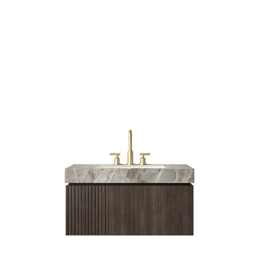 36" Black Wood Floating Single Door Bathroom Vanity With White Ceramic Sink