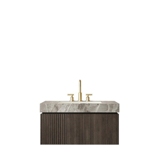 36" Black Wood Floating Single Door Bathroom Vanity With White Ceramic Sink