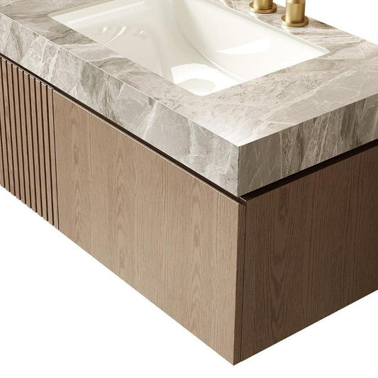 36" Brown Wood Floating Single Door Bathroom Vanity With White Ceramic Sink