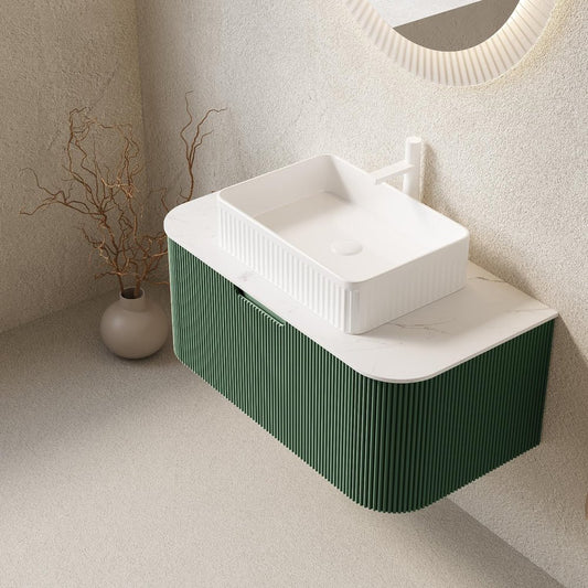 36" Green Wood Floating Bathroom Vanity With White Ceramic Sink