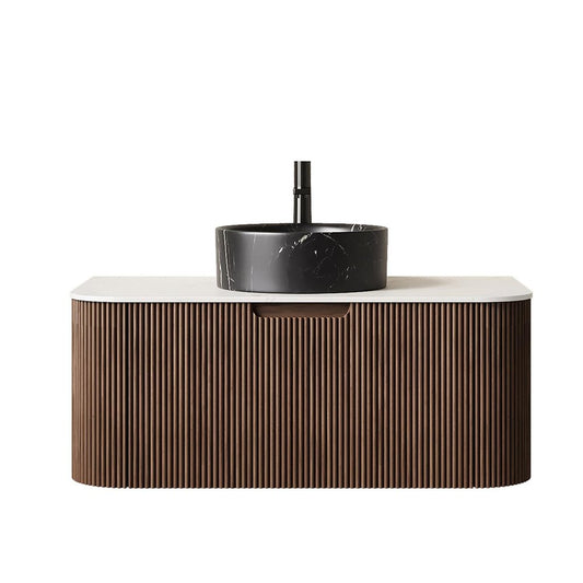 36" Brown Wood Floating Bathroom Vanity With Black Ceramic Sink