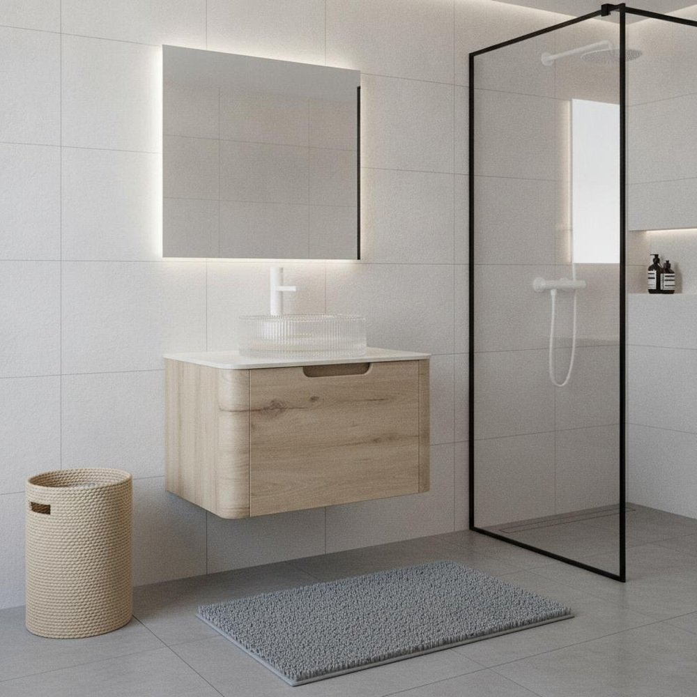 24" Brown Wood Floating Bathroom Vanity With White Glass Sink HomeRoots